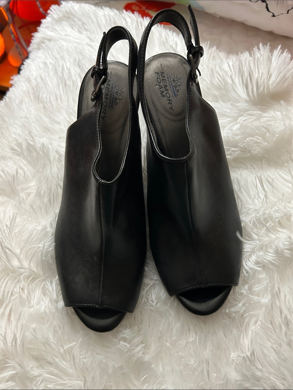 Lifestride Black Leather Slingback Peep-Toe Heels with Memory Foam